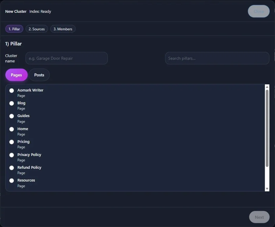 Topic cluster setup screen showing list of pages to select