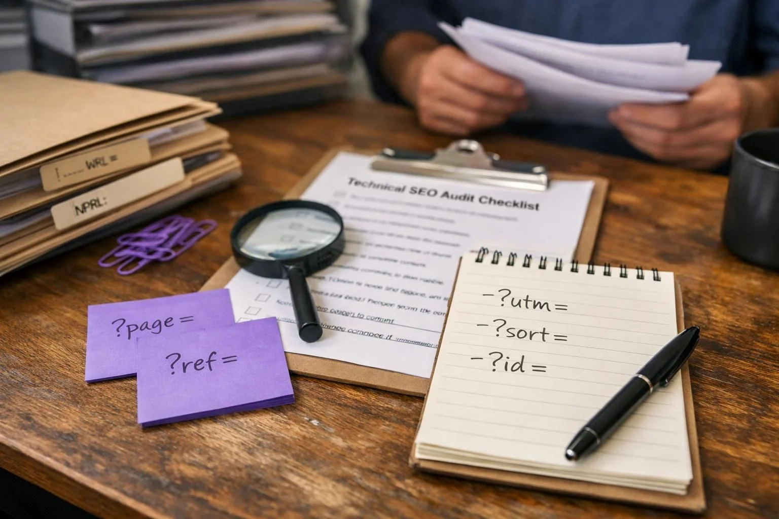 SEO audit checklist with magnifying glass, notes, and notebook