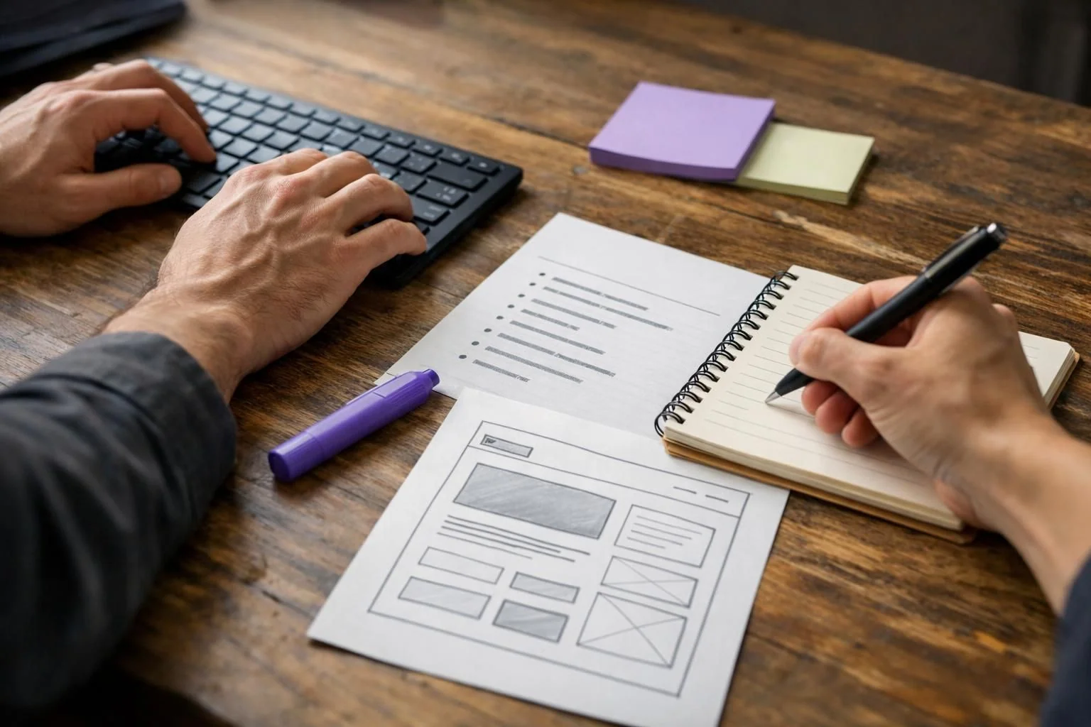 Hands typing keyboard and writing notes beside wireframe sketch