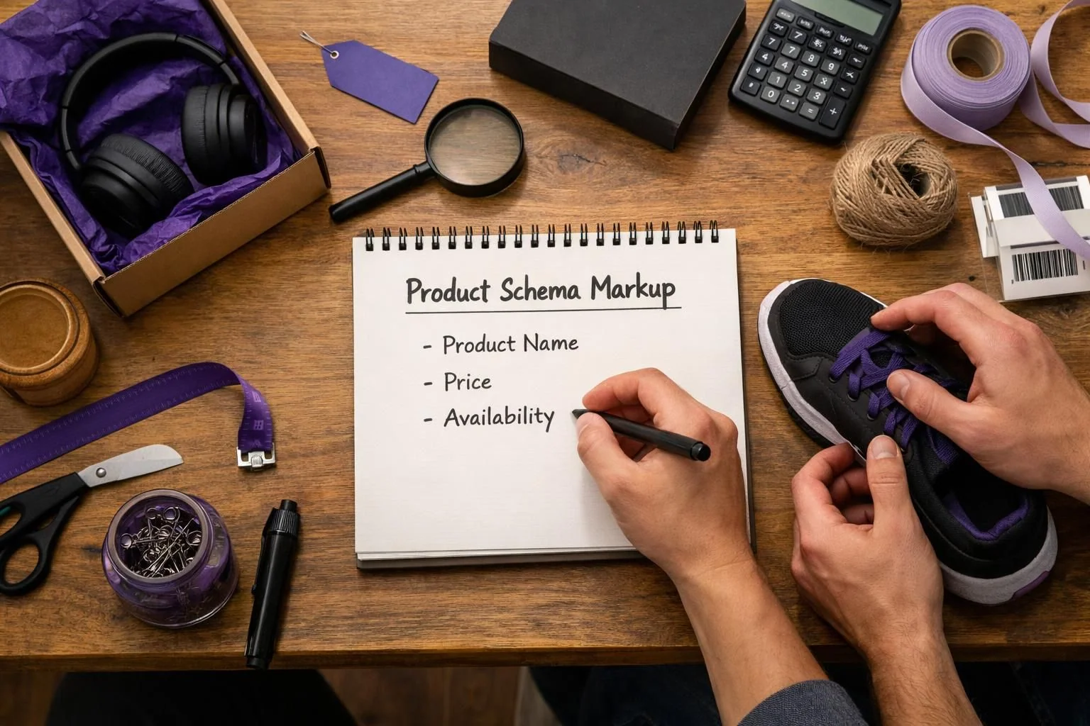 Hands tying black sneaker beside product schema markup notes