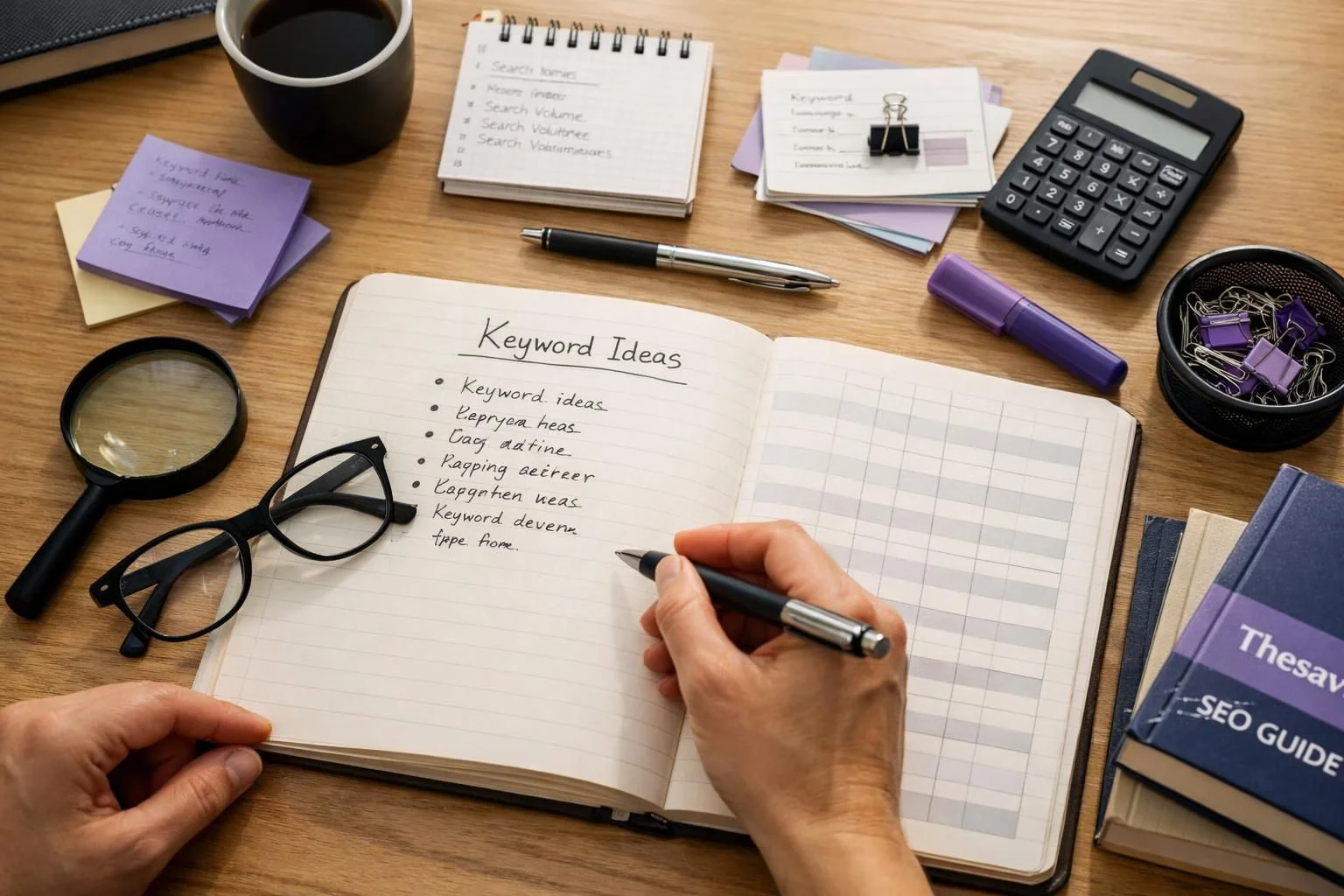Hands writing keyword ideas in notebook on desk