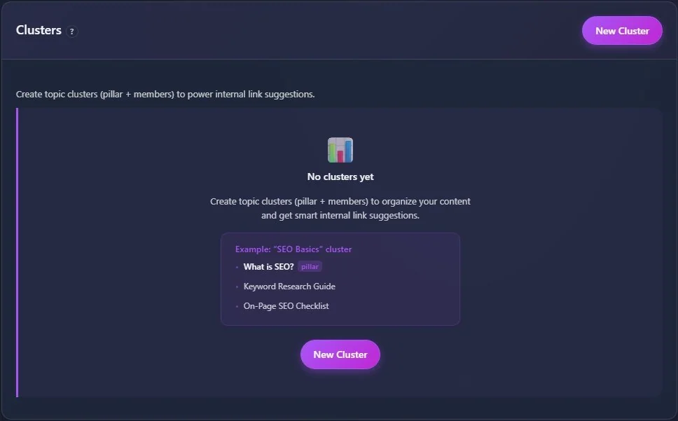 Clusters page showing “No clusters yet” and New Cluster button