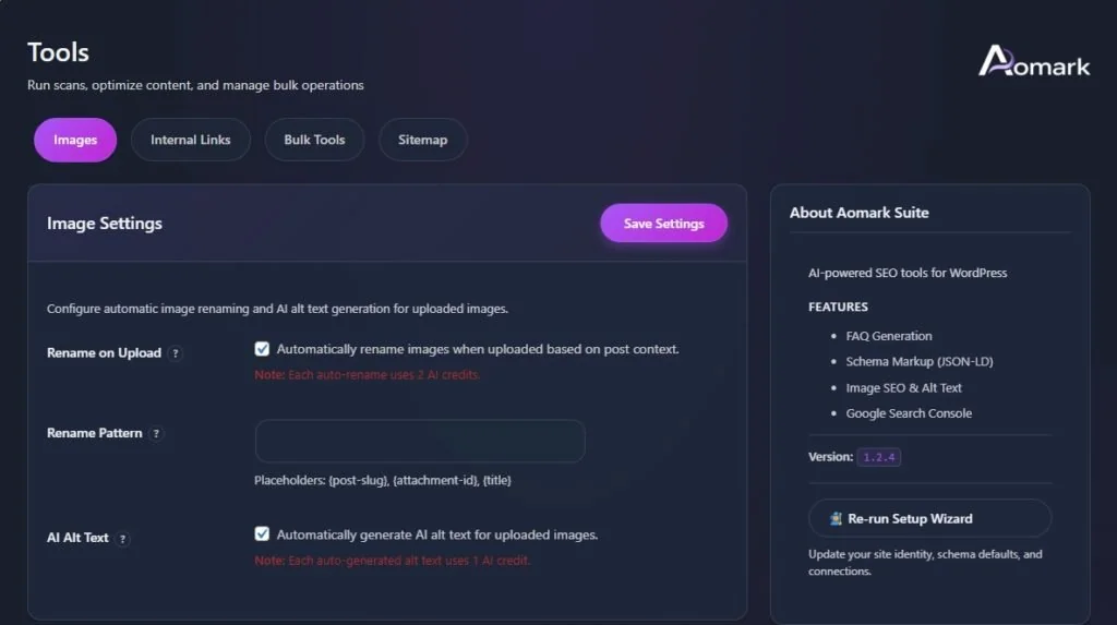Aomark Suite Tools page showing Image Settings options