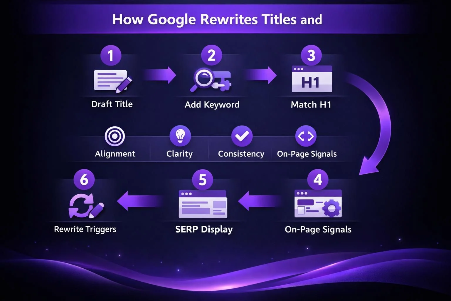 Purple infographic showing steps for Google title rewrites