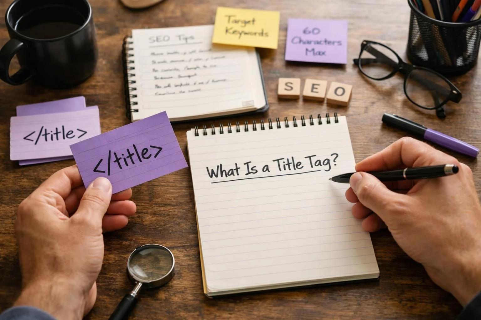 Hands holding title tag cards beside SEO notes and coffee