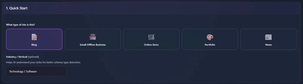 Quick Start screen with site type options and industry field