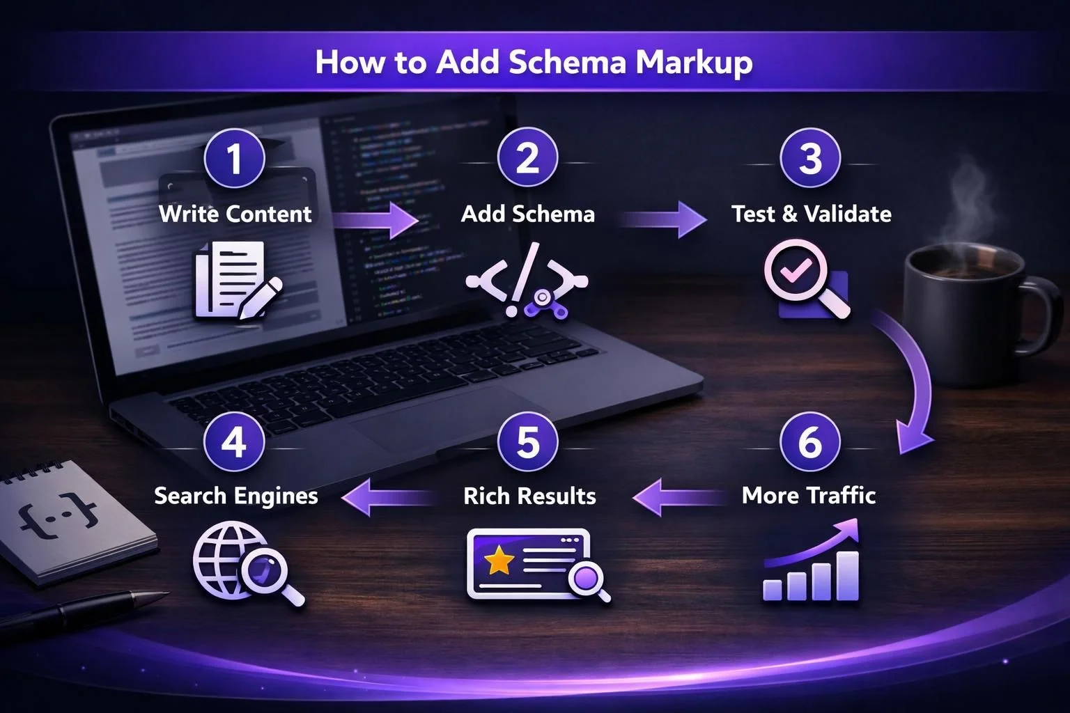 Infographic showing six steps to add schema markup