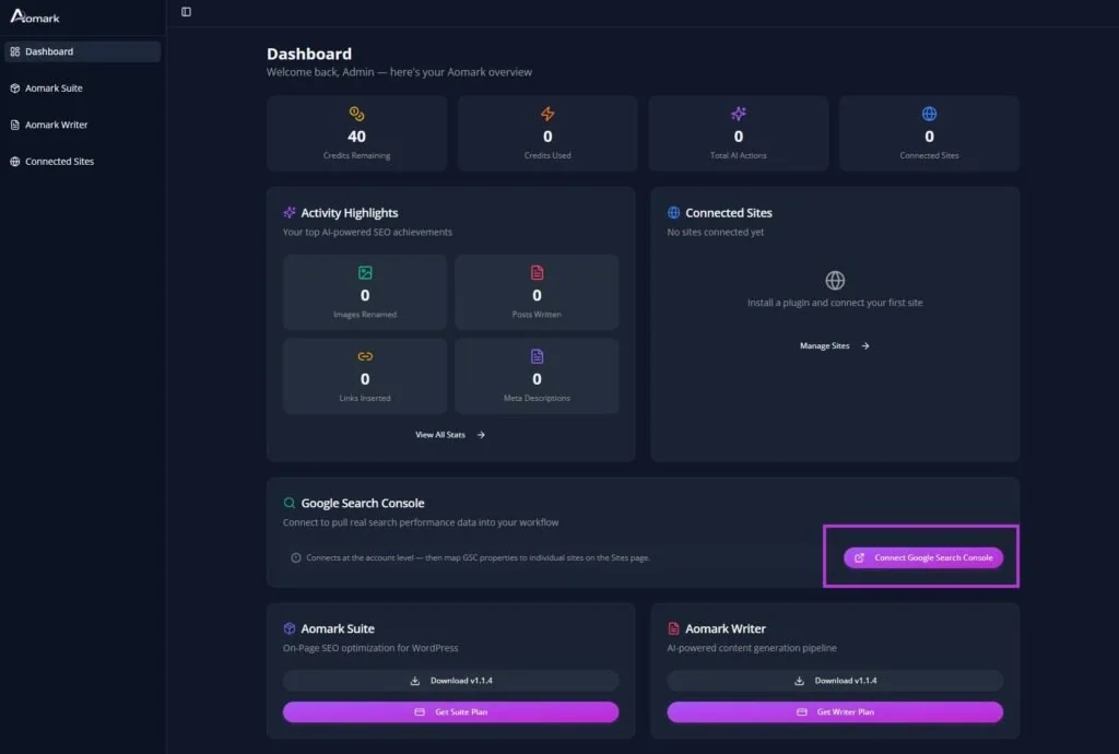 Aomark dashboard showing Connect Google Search Console button highlighted