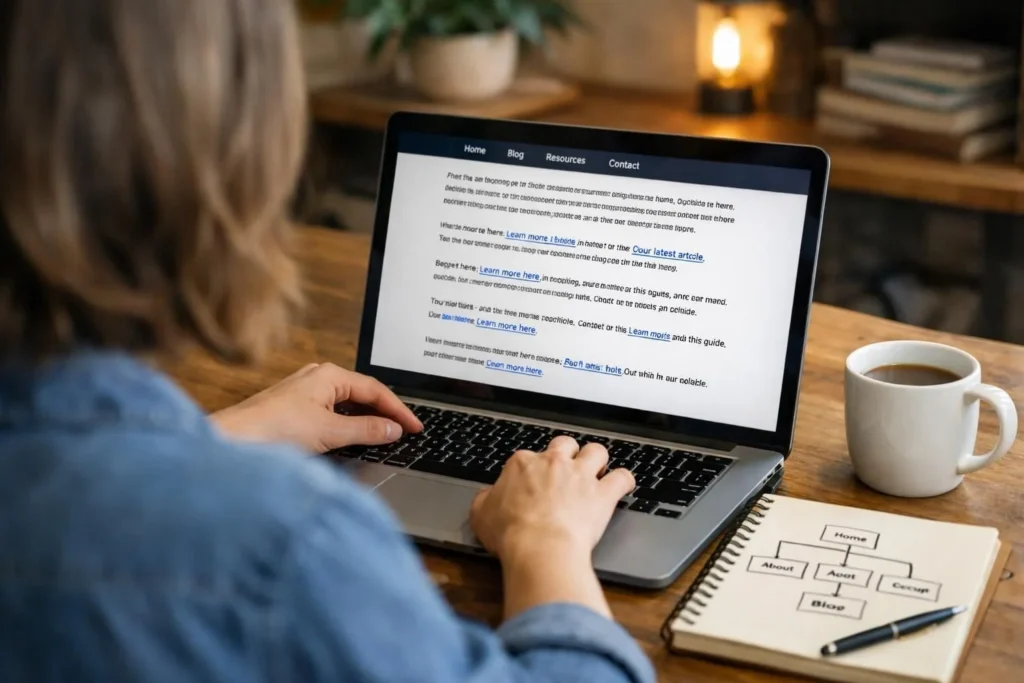 Person typing on laptop showing webpage with multiple links