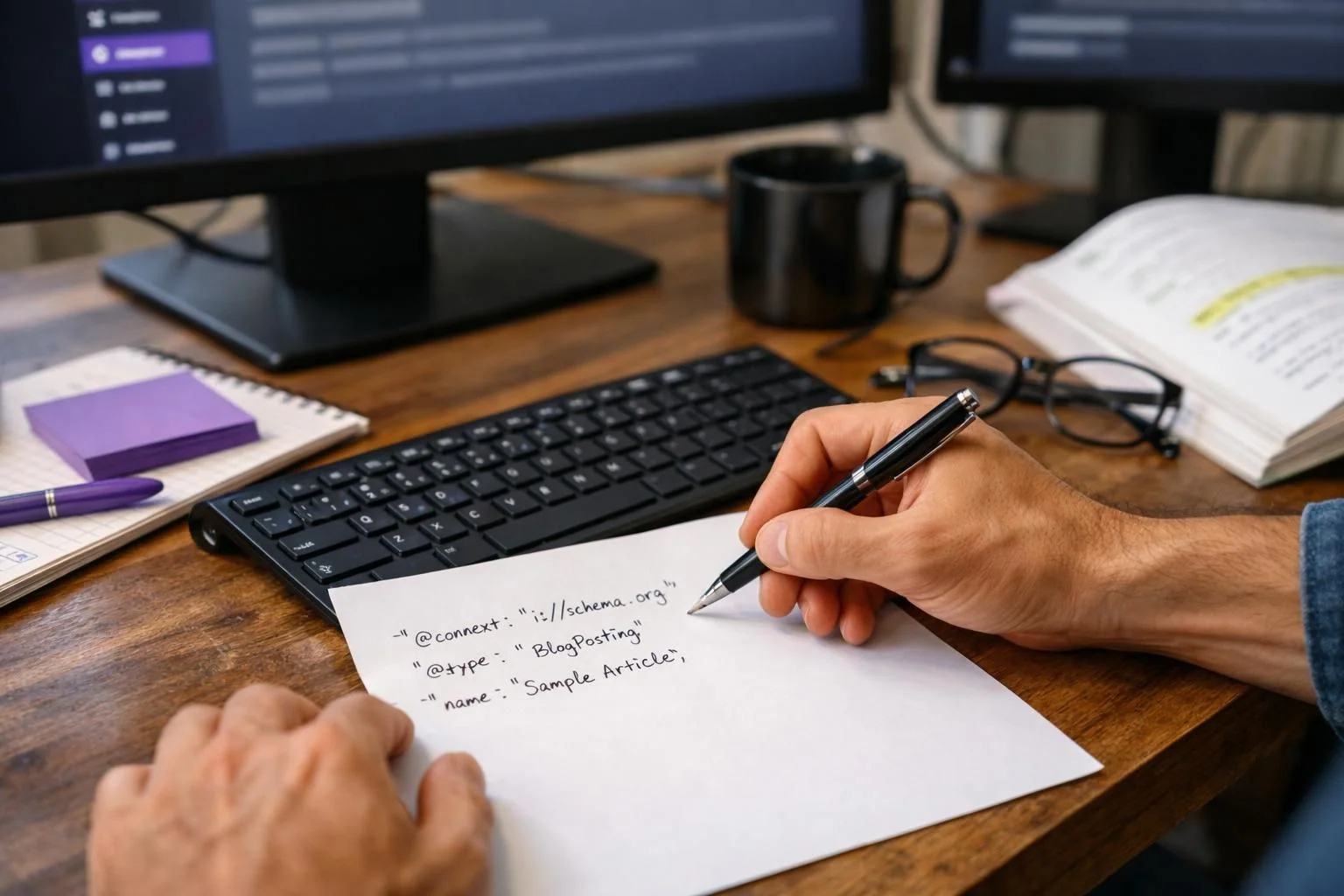 Hand writing schema markup notes beside computer keyboard