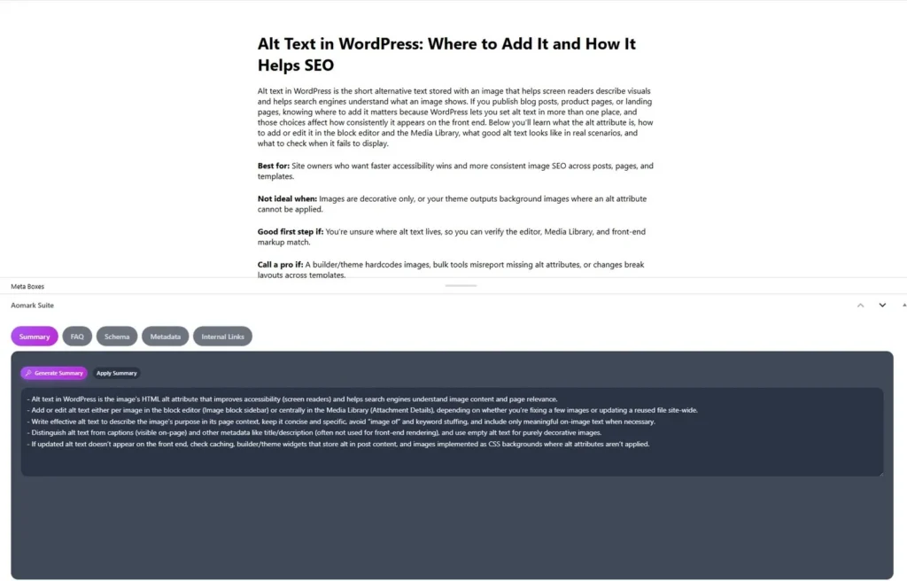 WordPress editor screenshot showing article about alt text and SEO