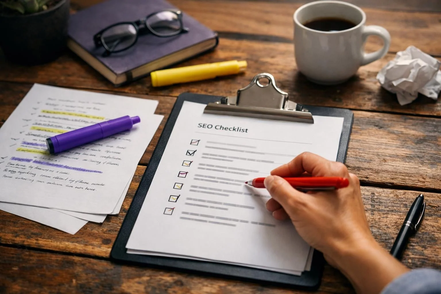 Hand marks SEO checklist on clipboard beside coffee