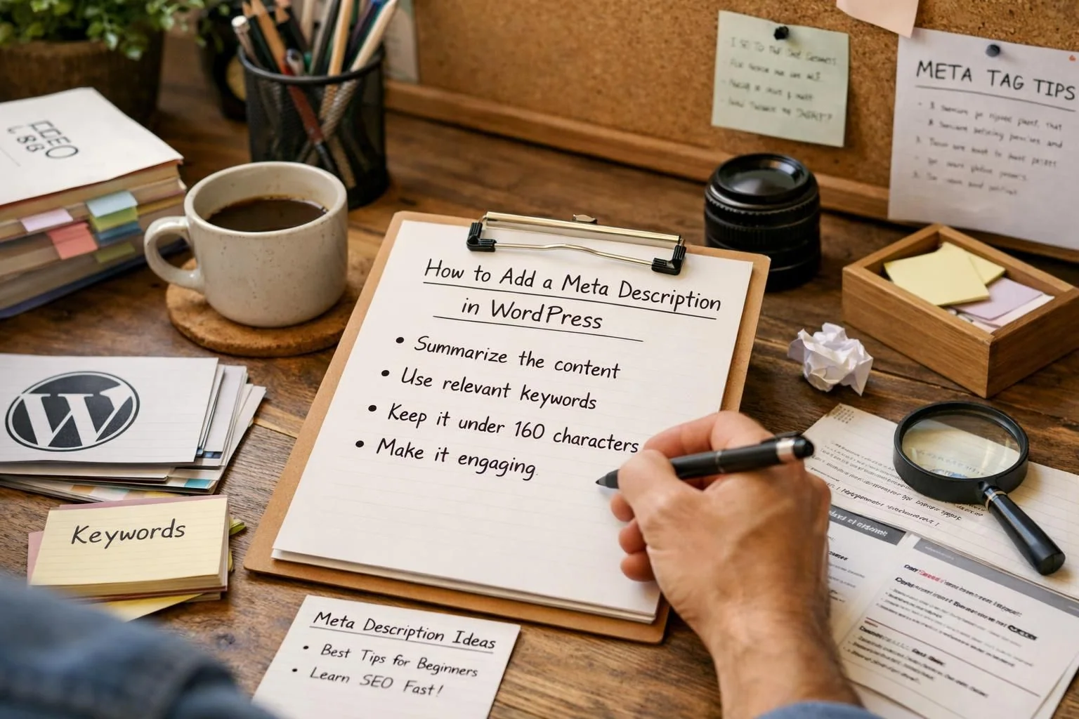 Hand writing WordPress meta description tips on clipboard