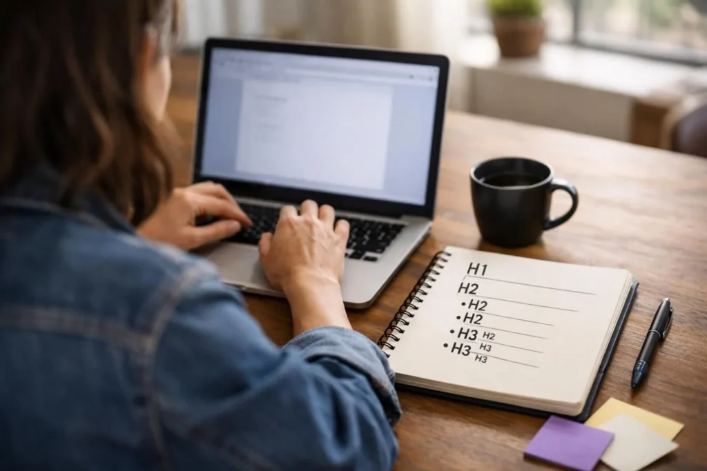 Person typing on laptop beside notebook listing H1, H2, H3 headings