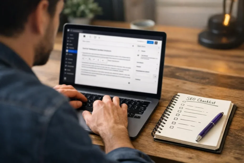 Person typing on laptop beside SEO checklist notebook and pen