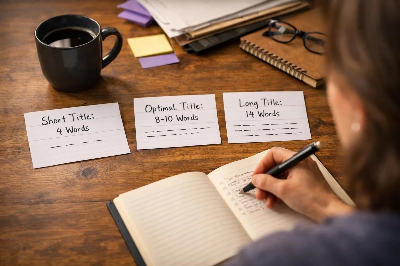 Person writing in notebook beside title length index cards