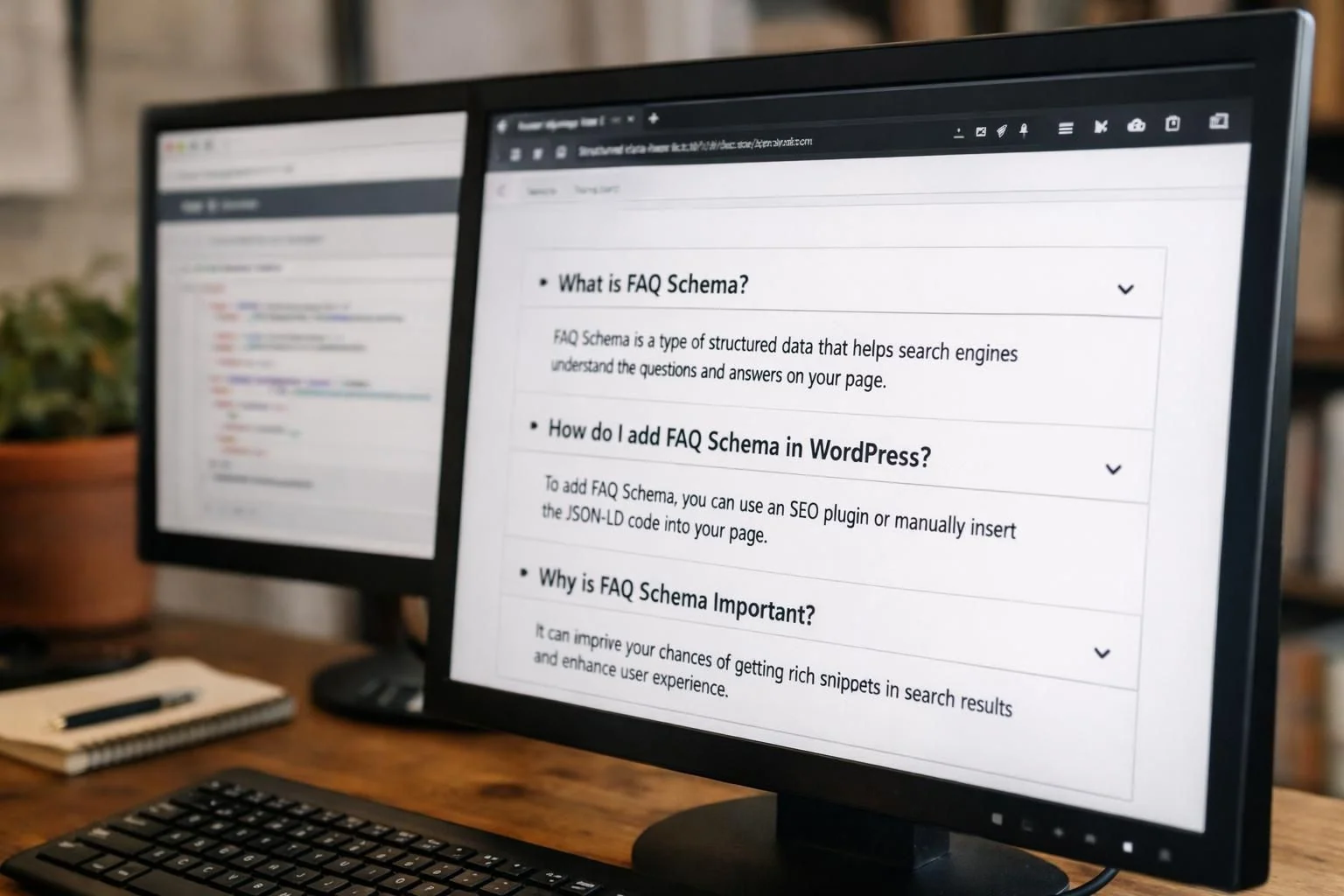 Computer monitor showing FAQ schema questions and answers