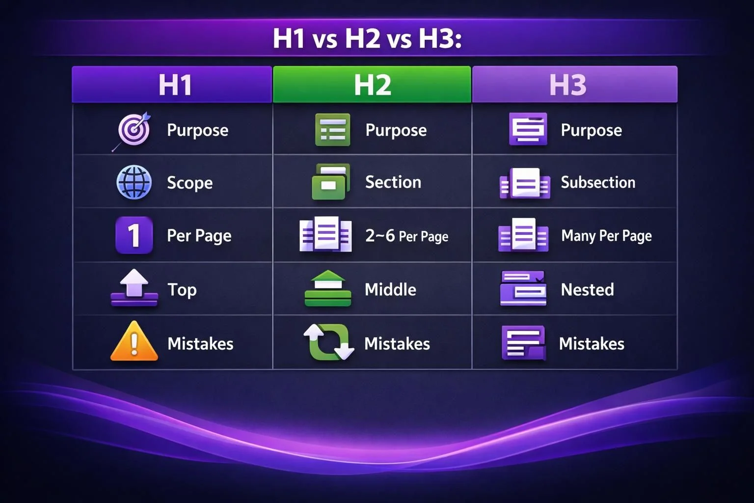 Infographic comparing H1 H2 H3 headings with icons