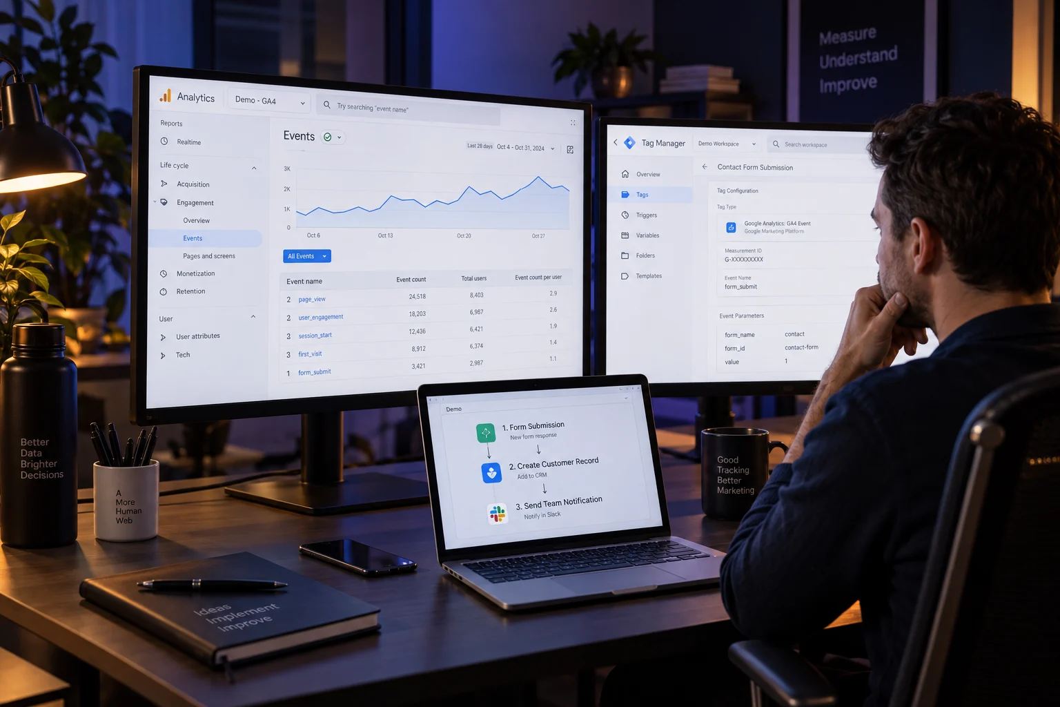 Illustrative analytics workspace with GA4, Tag Manager and a lead notification workflow