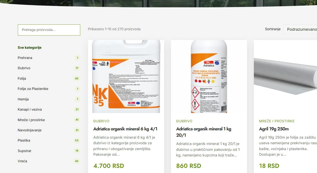 Veltom product catalog with category filters, sorting and product cards
