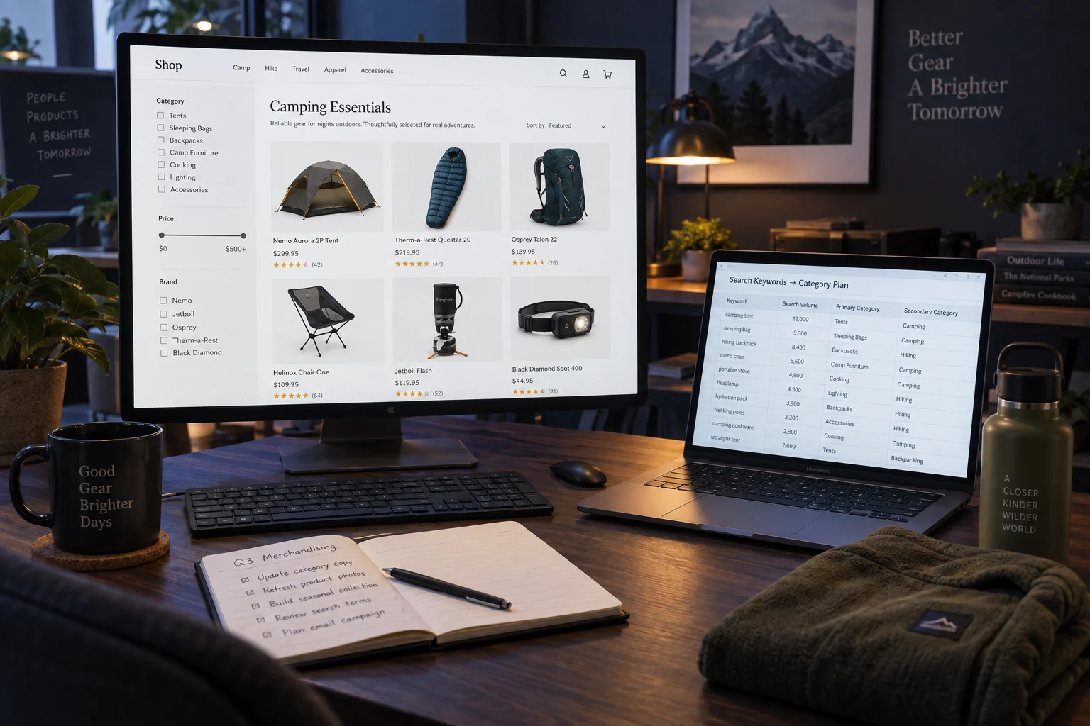 Illustrative ecommerce workspace with a product catalog and keyword-to-category plan
