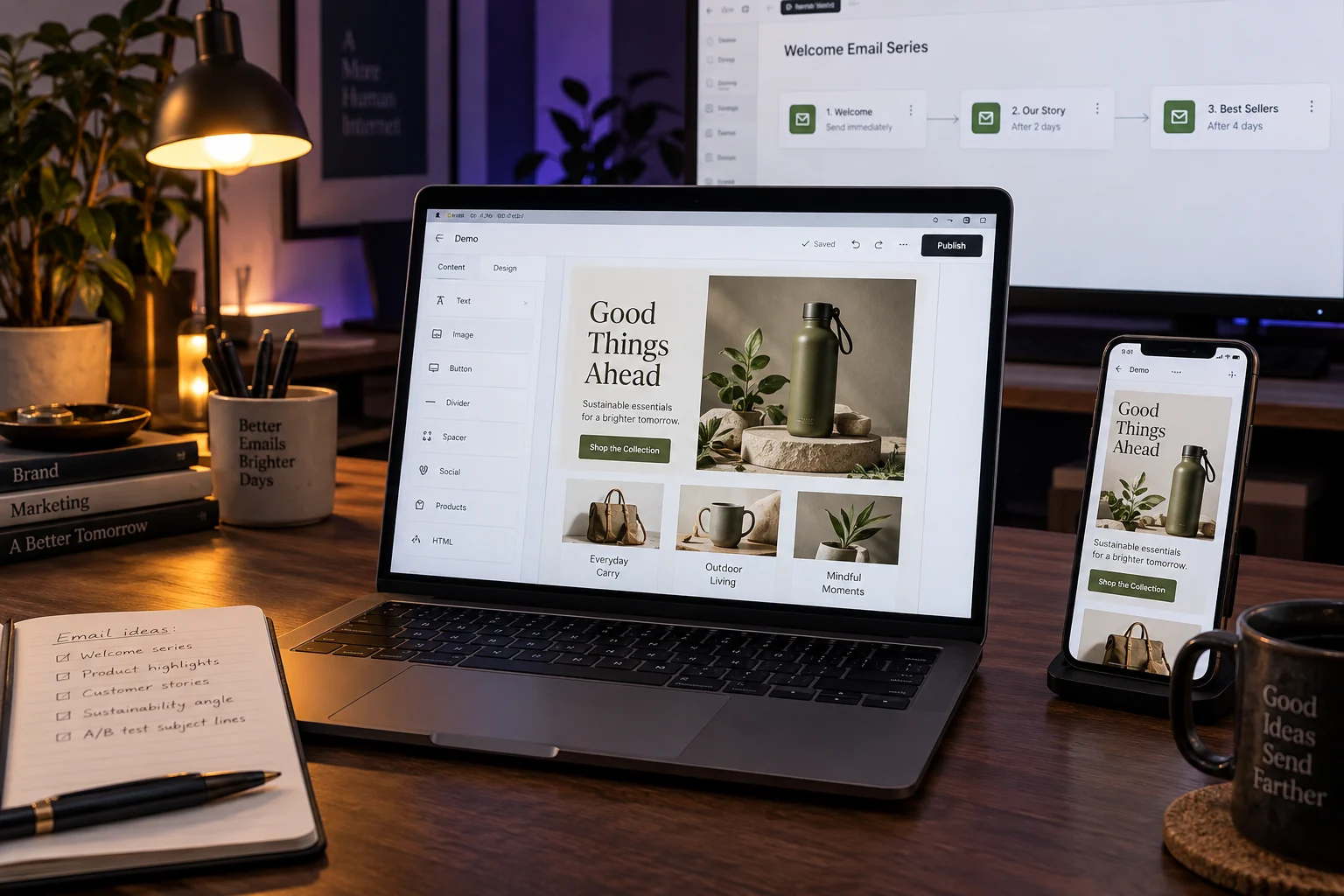 Illustrative email marketing workspace with a newsletter editor, mobile preview and welcome sequence