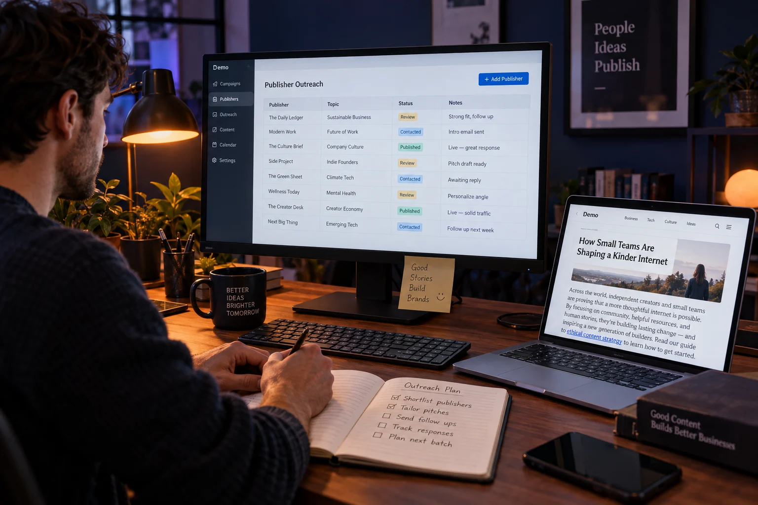 Illustrative link building workspace with publisher research and an editorial article