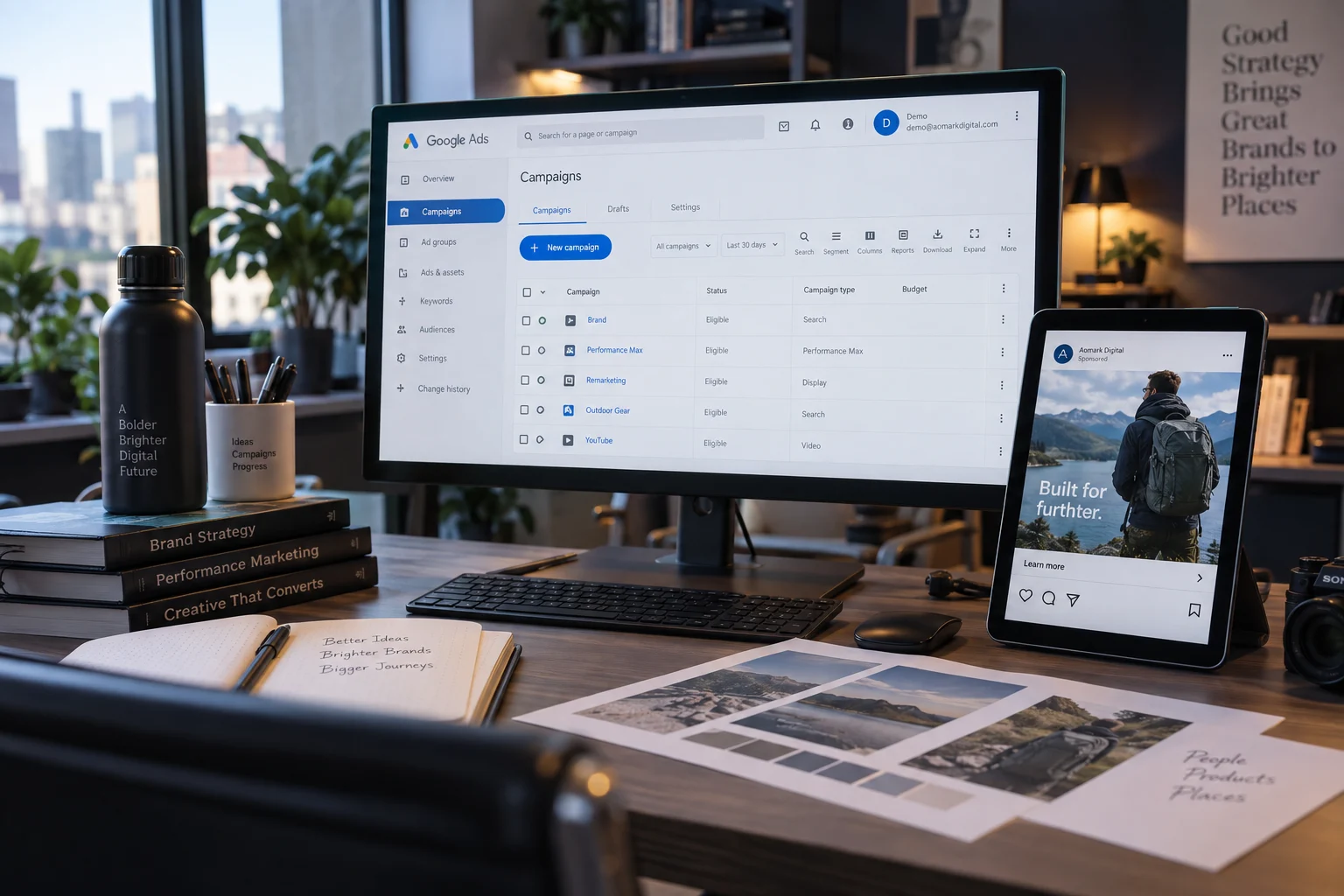 Illustrative advertising workspace with campaign controls and a social ad preview