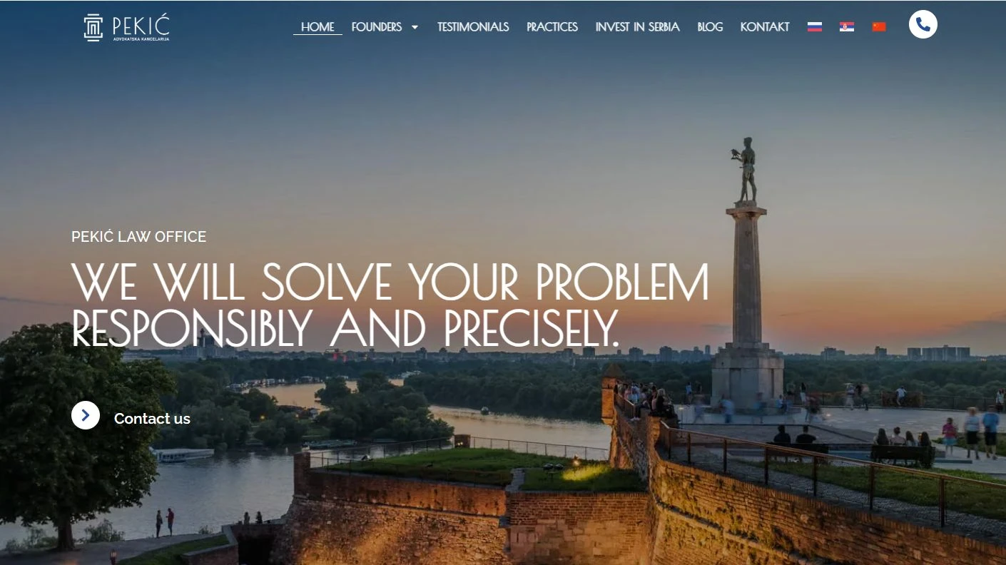 English-language homepage of Pekić Law Office