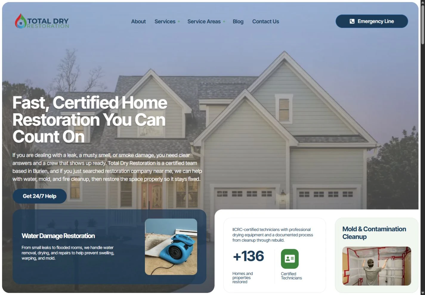 Total Dry Restoration website with service information and contact actions