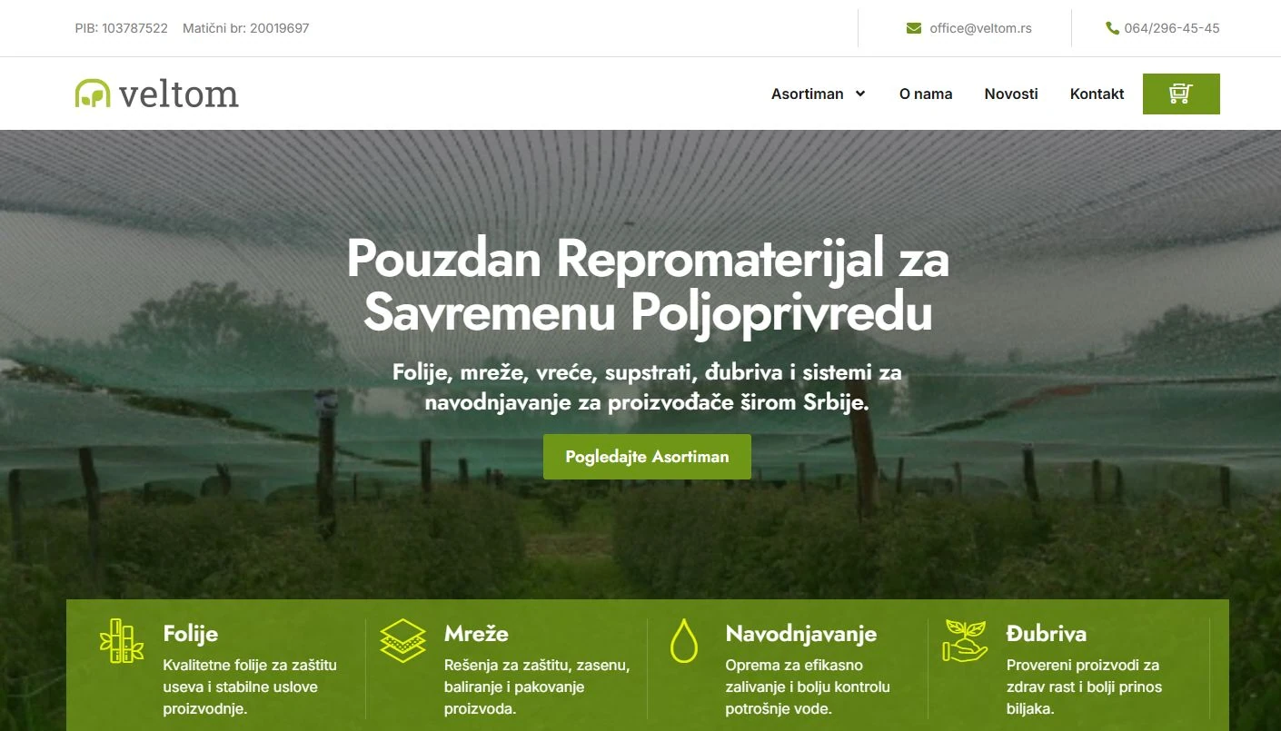 Veltom website homepage and its agricultural product categories