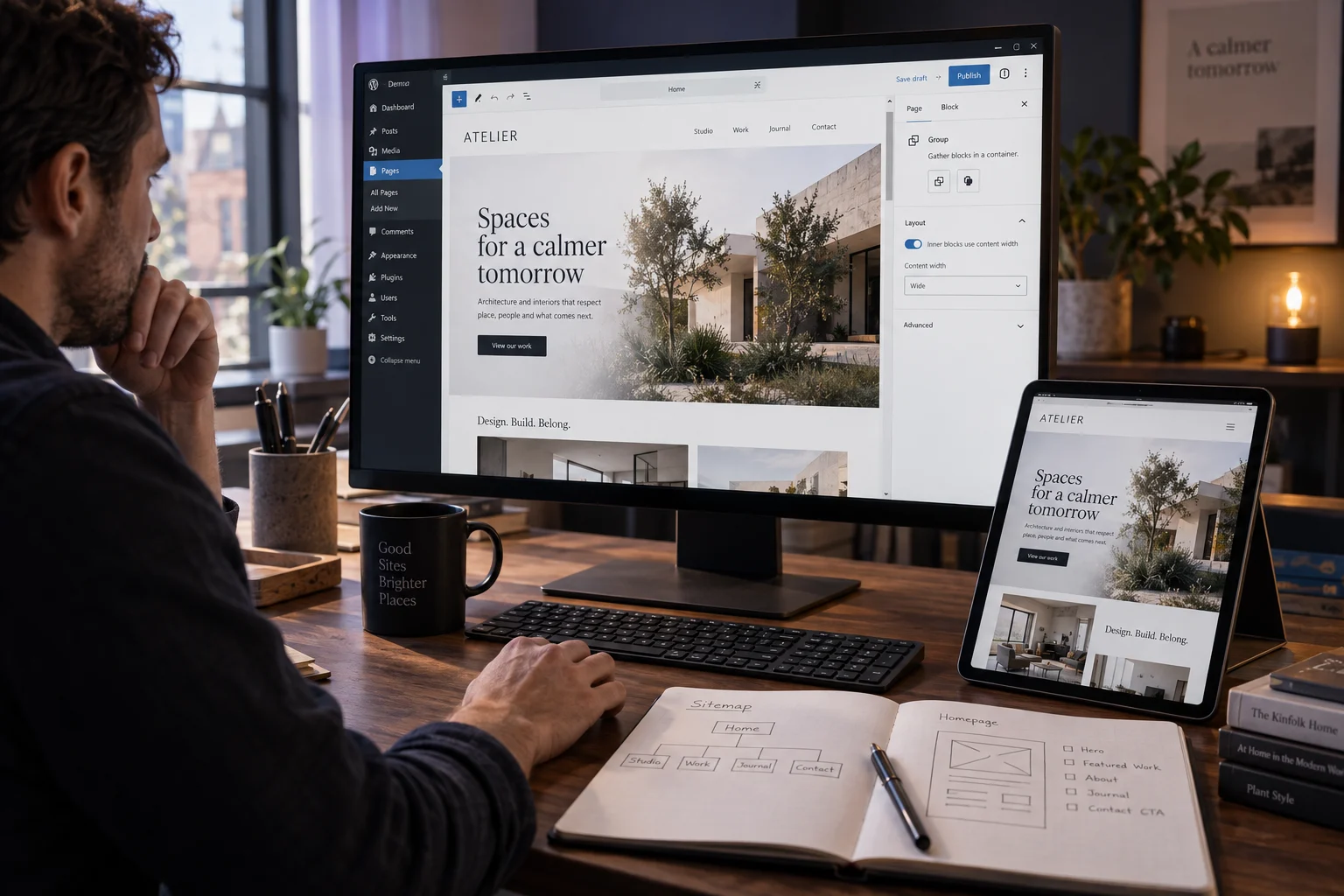 Illustrative WordPress development workspace with a page editor and matching tablet preview