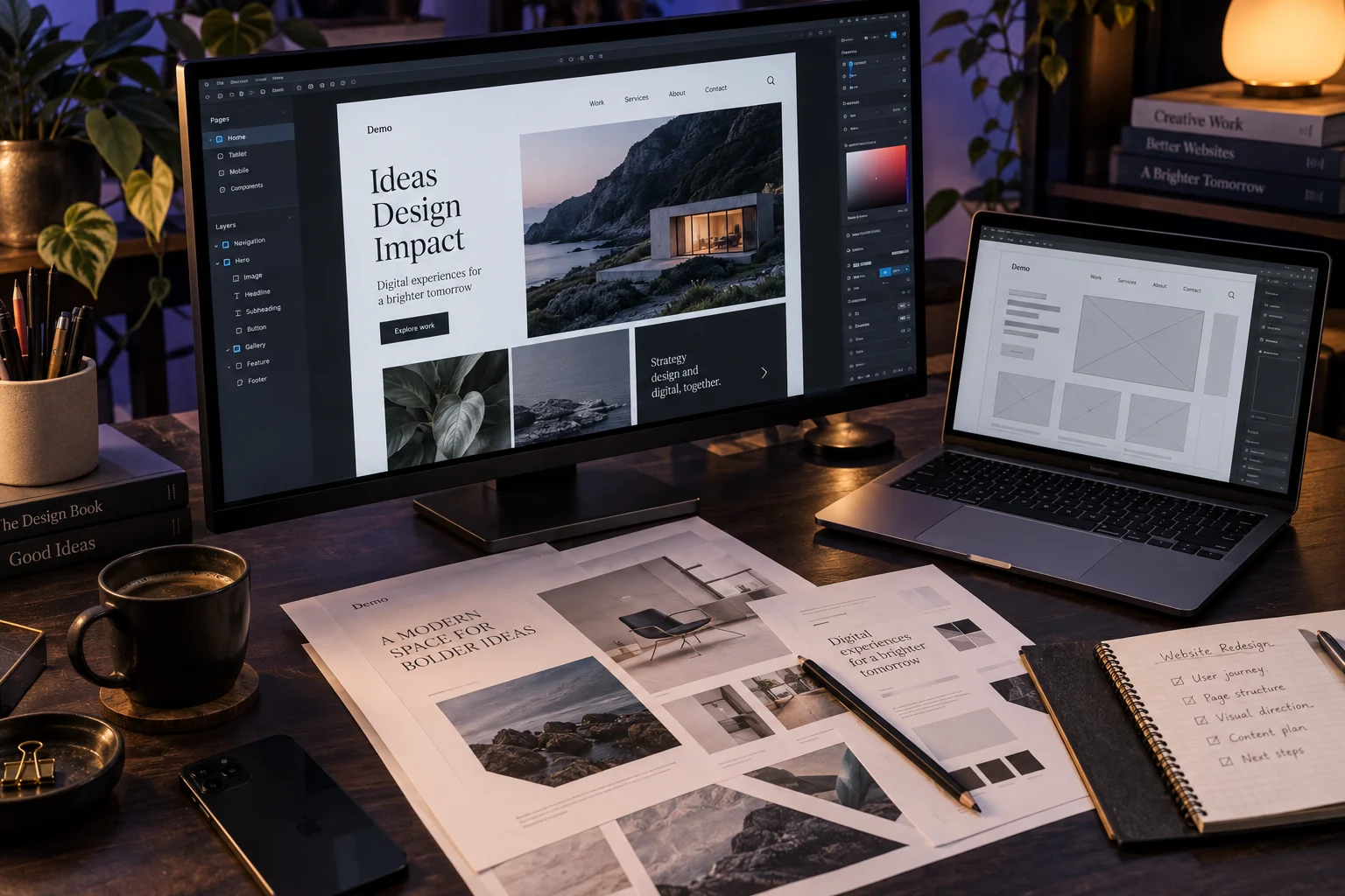 Illustrative website redesign workspace with a design canvas, wireframe and printed layouts