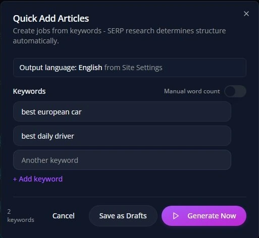 Aomark Writer Quick Add Articles settings