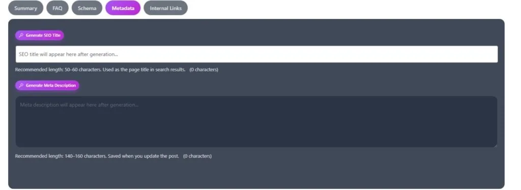 Metadata tab showing SEO title and meta description fields