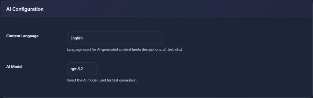 AI Configuration panel showing English content language and gpt-5.2 model