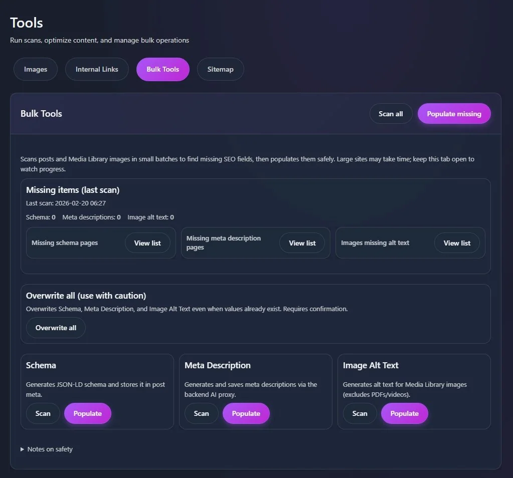 Bulk Tools dashboard showing missing items and populate buttons