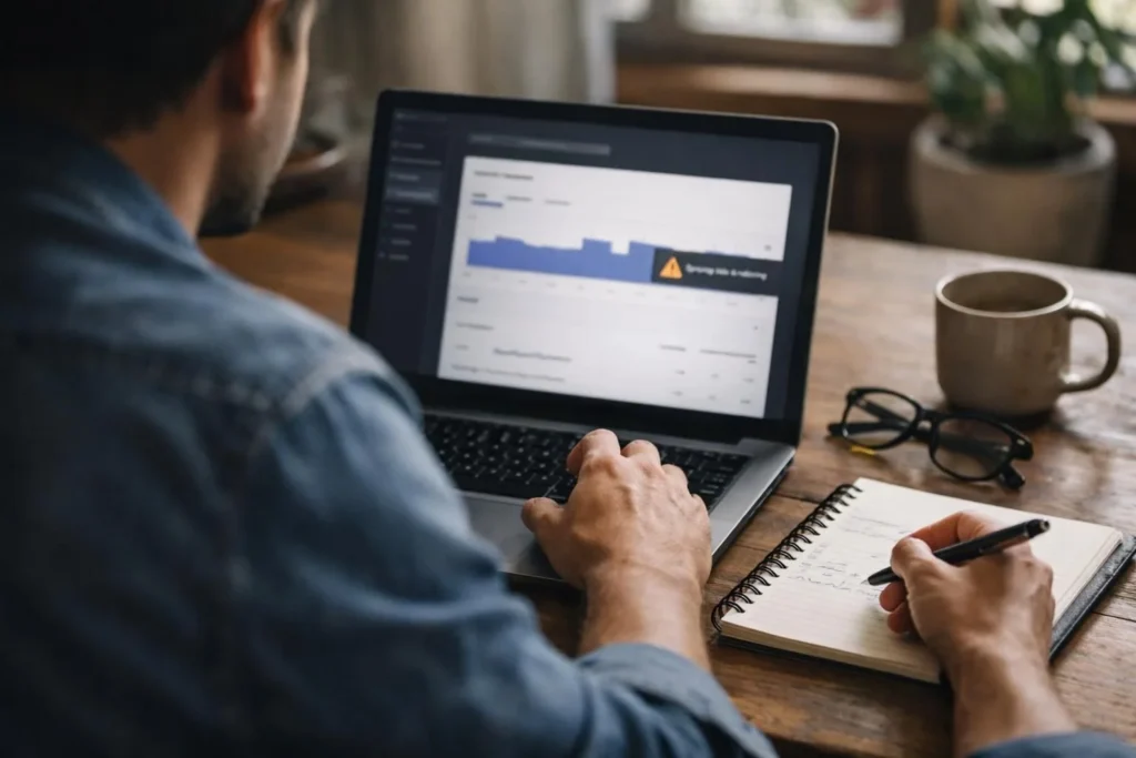Person viewing laptop analytics dashboard while writing in notebook