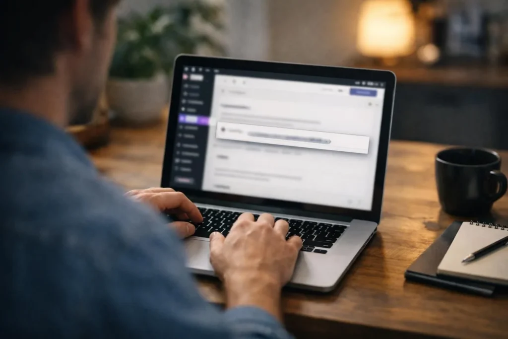 Person typing on laptop showing WordPress settings screen
