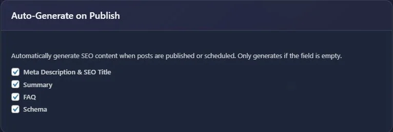 Auto-Generate on Publish settings with four checked options