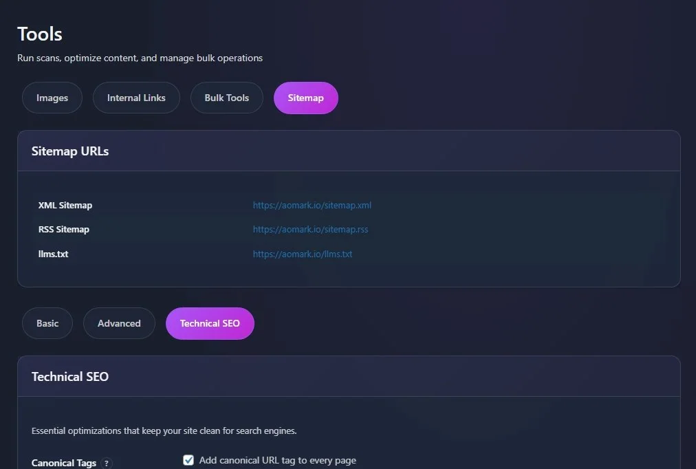 Tools dashboard showing sitemap URLs list and Technical SEO tab