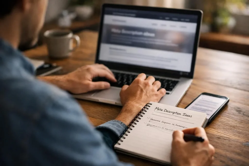 Person writing meta description ideas beside open laptop