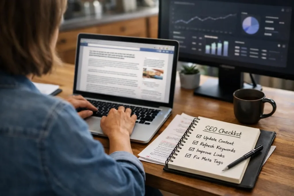Person typing on laptop beside SEO checklist notebook