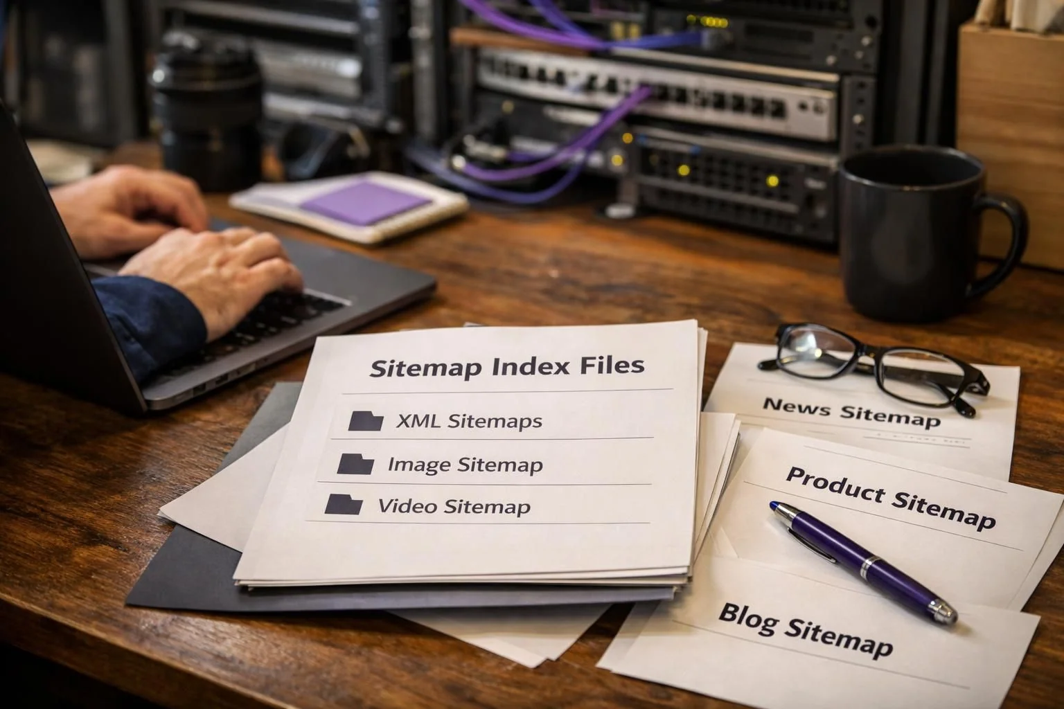 Hands typing laptop beside sitemap index documents and pen