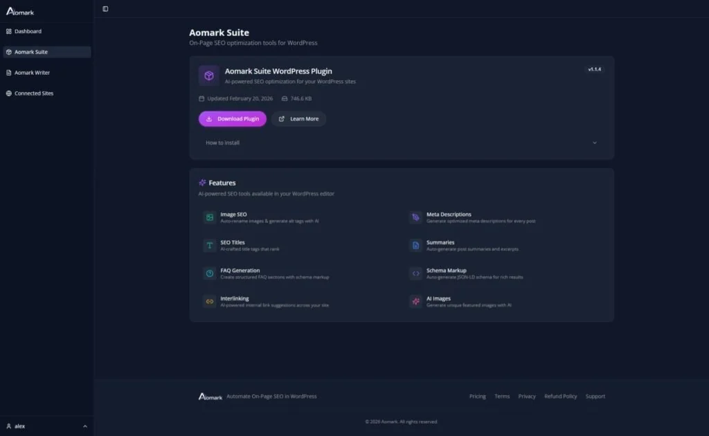 Aomark Suite WordPress plugin dashboard with Download Plugin button