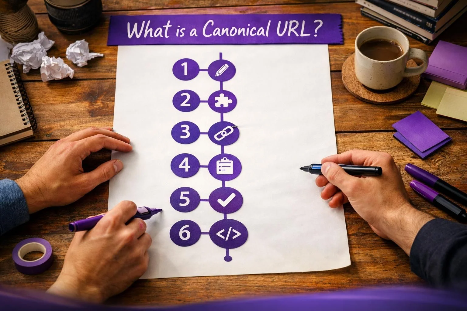 Hands holding markers over canonical URL checklist poster
