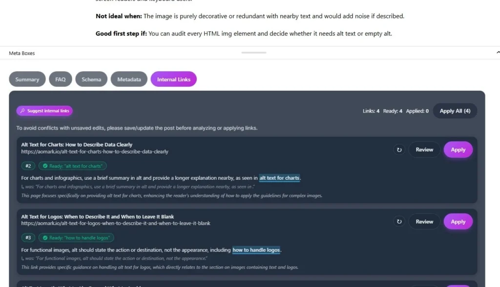 Internal Links tab showing suggested links with Apply buttons