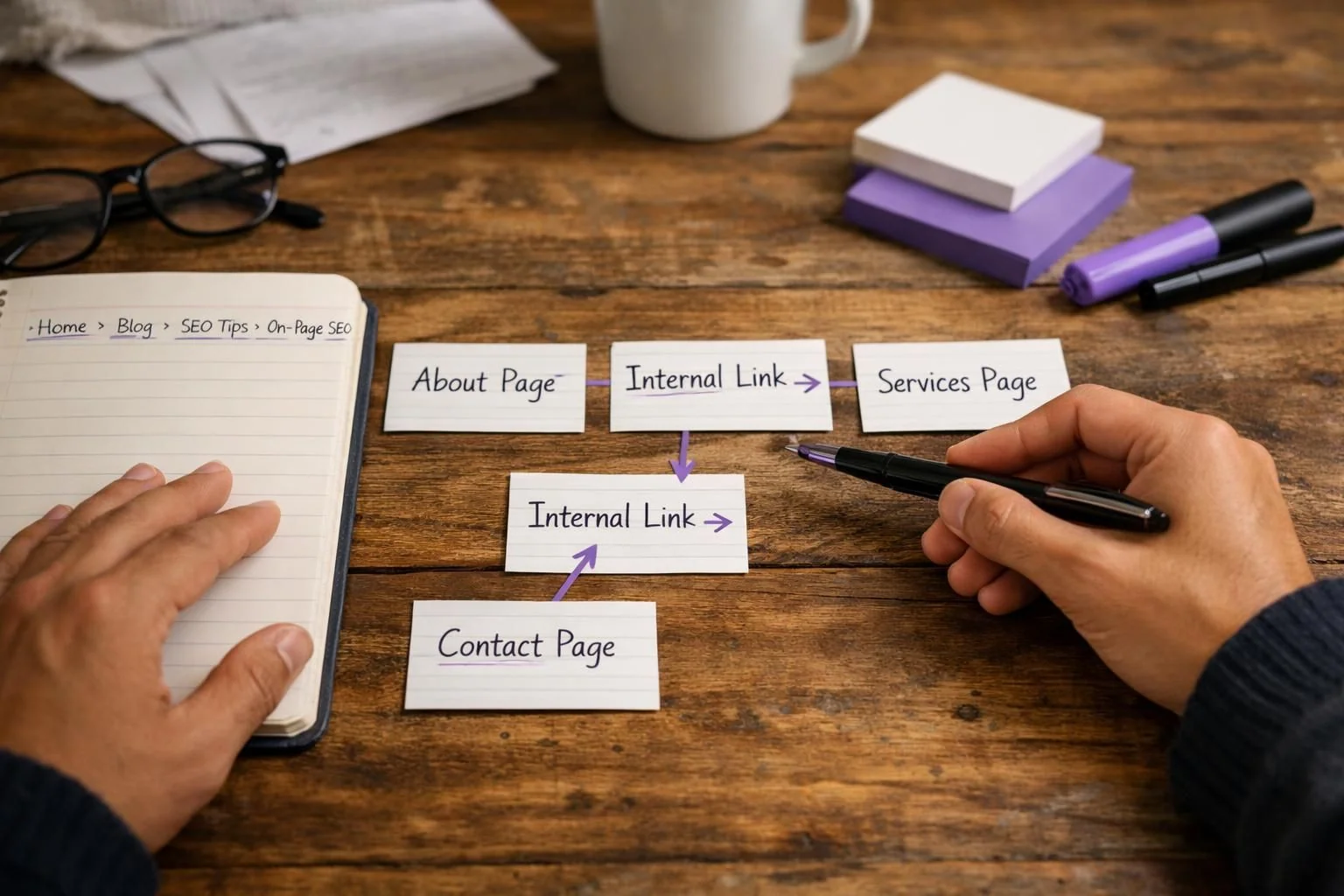 Hands arranging internal link cards between website pages