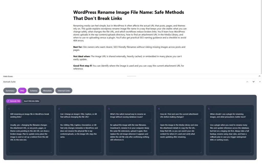 WordPress FAQ interface screenshot with dark theme cards