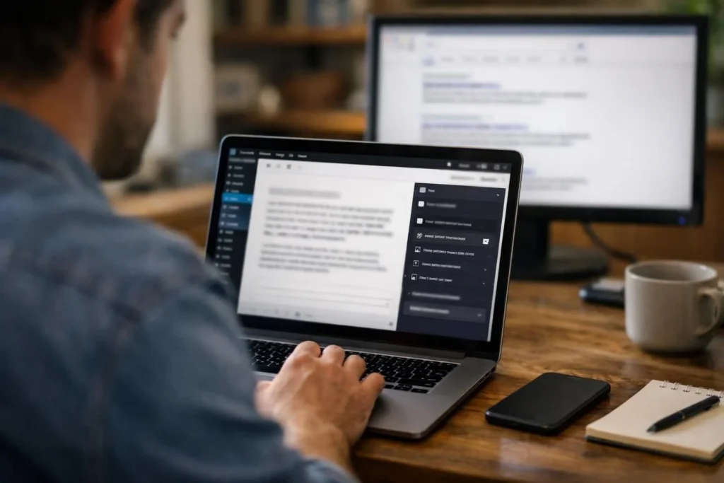 Person typing on laptop at desk with monitor and phone